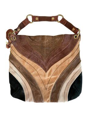 Vintage Fossil Patchwork Leather Purse Brown Tan Boho Shoulder Bag Key Charm